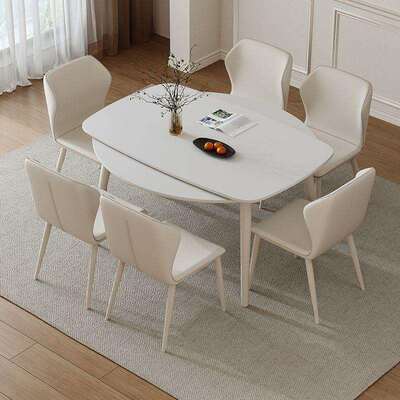 奶油风全托岩板餐桌小户型方圆两用伸缩餐桌椅组合现代简约白色桌