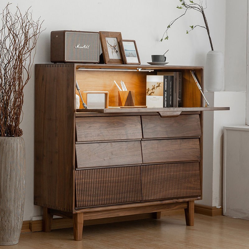 北美黑胡桃实木卧室斗柜一体客厅餐边柜氛围灯玻璃柜茶水柜储物柜