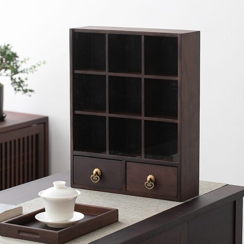 胡桃木多宝阁置物架小型茶具古玩实木九宫格博古架展示架收纳架