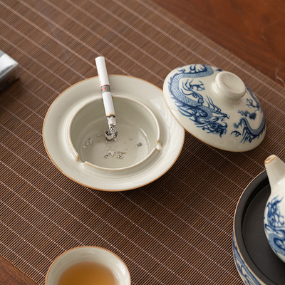 汝窑青花元龙烟灰缸带盖家用客厅办公室高级感个性潮流防飞灰中式