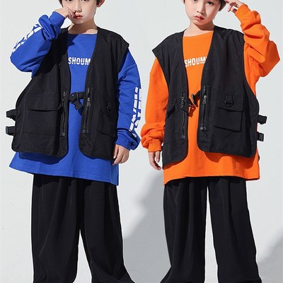 速发少儿街舞潮服i出服表哈套装男孩马甲套装孩h演phop嘻演服装