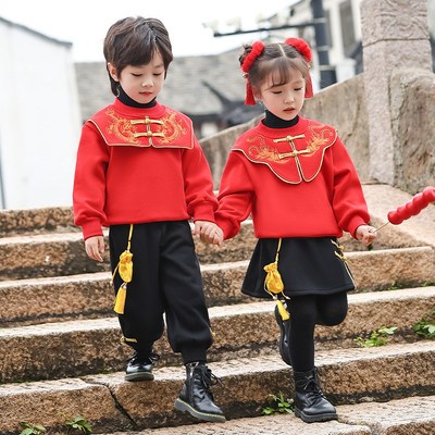 速发兄妹演冬季加绒加厚汉服卫衣套装拜年服服宝宝元旦龙年表装男