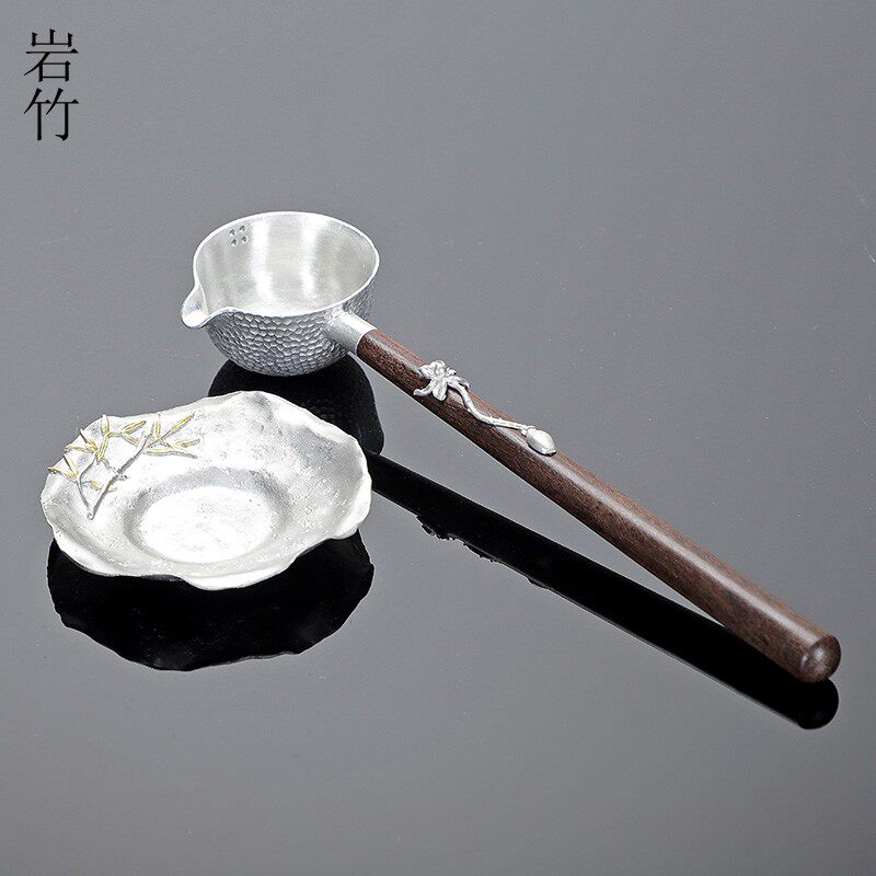 速发纹锡茶汤勺黑檀木长柄勺分茶勺茶具配件日式茶道煮茶锤目纯舀