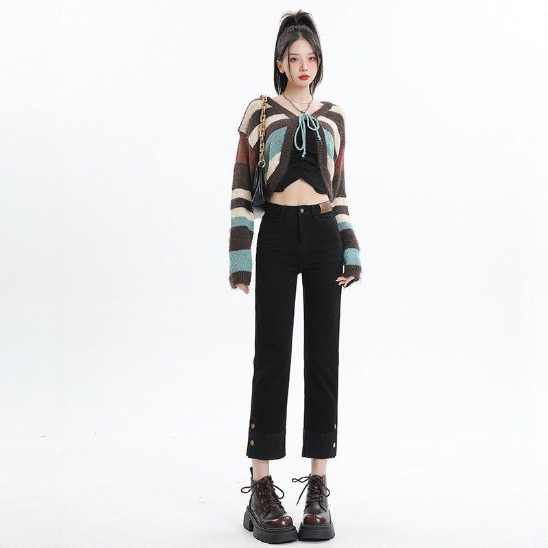 速发黑色直筒牛仔裤2烟25年春版新款小个子高腰窄季九分卷边0管裤