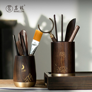 速发黑檀实木茶道六君子养夫茶具茶道配件纯铜茶茶夹针茶勺功