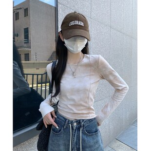 内搭短冬上衣 独特别致打计衫 速发设底感圆领扎染长袖 t恤款