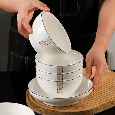 轻奢精致陶瓷餐具套装釉下彩米饭碗菜盘子创意描边家用鱼盘泡面碗