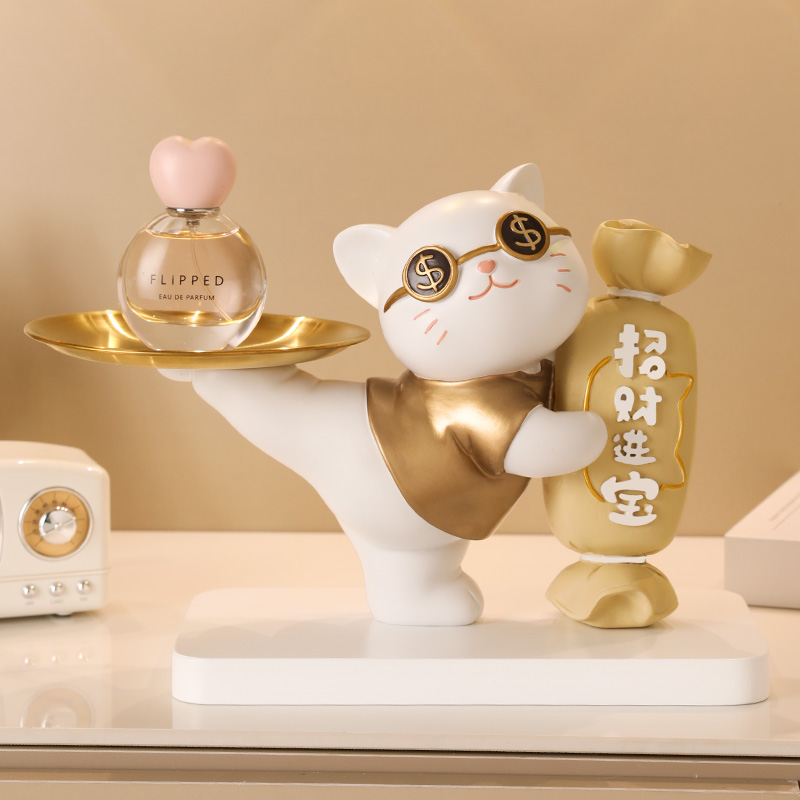 速发创意招财猫入户玄关收纳摆件客厅开业托盘装饰品乔迁新居礼品