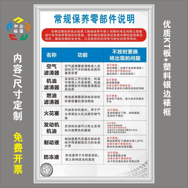 常规保养零部件说明汽车修理厂标语牌KT看板上墙维修定制二三类,文具电教/文化用品/商务用品,标志牌/提示牌/付款码,淘宝优惠券,粉丝福利购,淘宝优惠卷