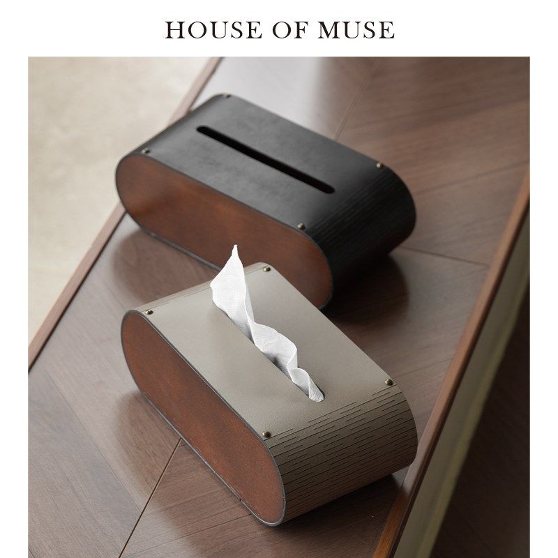 缪斯家 中古胡桃木纸巾盒大象灰皮革创意软装桌面摆件覆古卫生纸