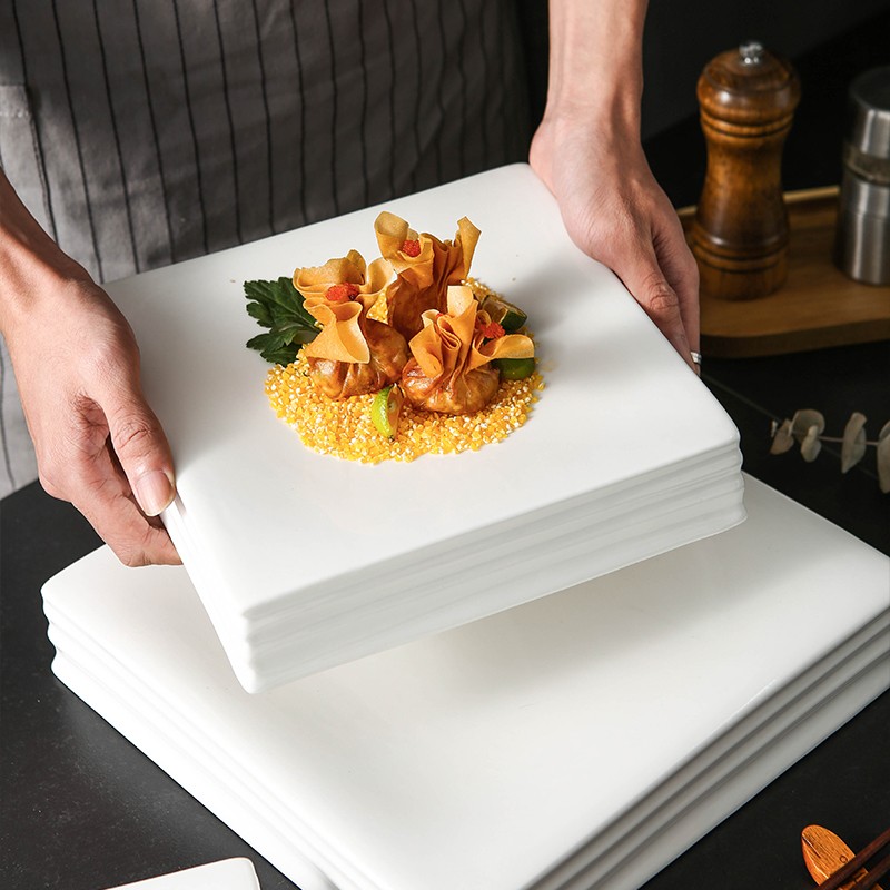 纯白色蛋糕点心陶瓷托q盘横纹正方形长四方柱酒店餐厅特色餐具摆