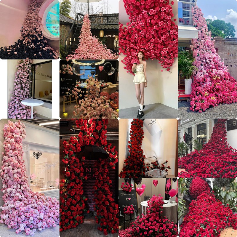 七夕玫瑰花瀑布墙布置仿真假红花婚庆情人L节花束网红打卡造景背