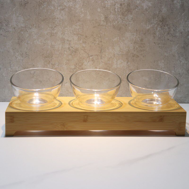 自助餐厅调料台火锅酒店斜口玻璃酱料碗商用小料缸小菜碗竹木套装