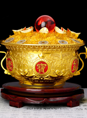 聚宝盆摆件纯铜米缸招财聚财黄铜元宝莲花存钱罐店铺W开业家用专