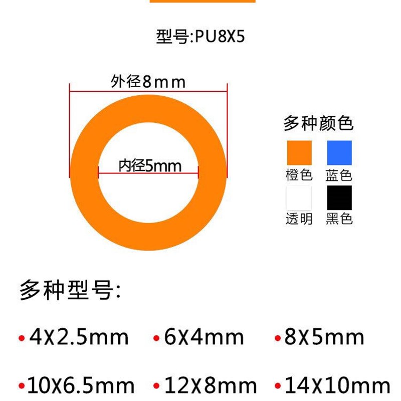 PU气动气管空压机气泵风管6*4/8*5/10*6.5/12*8/8MM高压木工软管