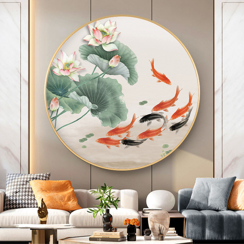 速发九鱼图玄关装新画饰中式圆形对正门入户画客厅壁画寓意好荷花
