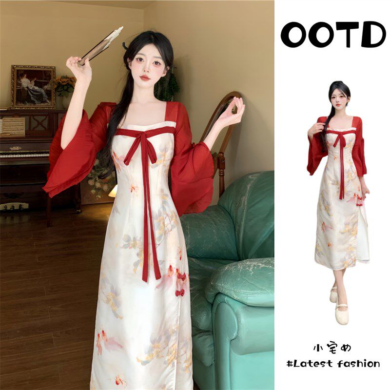 速发质良抹胸汉服气改风领连衣裙大码国方开叉袖禅意裙子