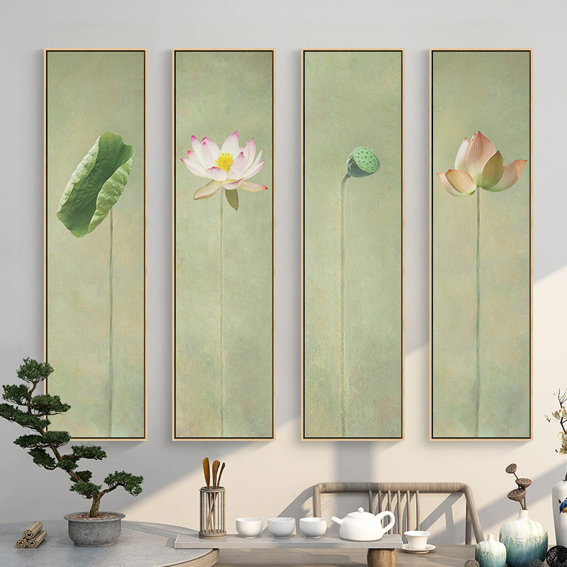 速发荷韵禅意挂画新中式客厅茶发背景墙装饰画四条屏荷花沙室玄关