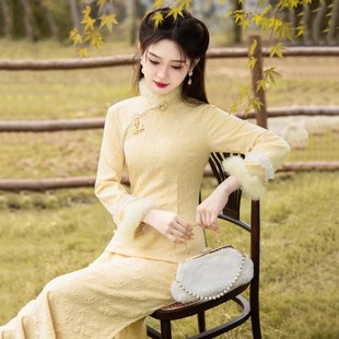 鹅黄绝美衬肤旗袍汝025新款 许我耀眼 冬年轻少高 韵 速发新中2式