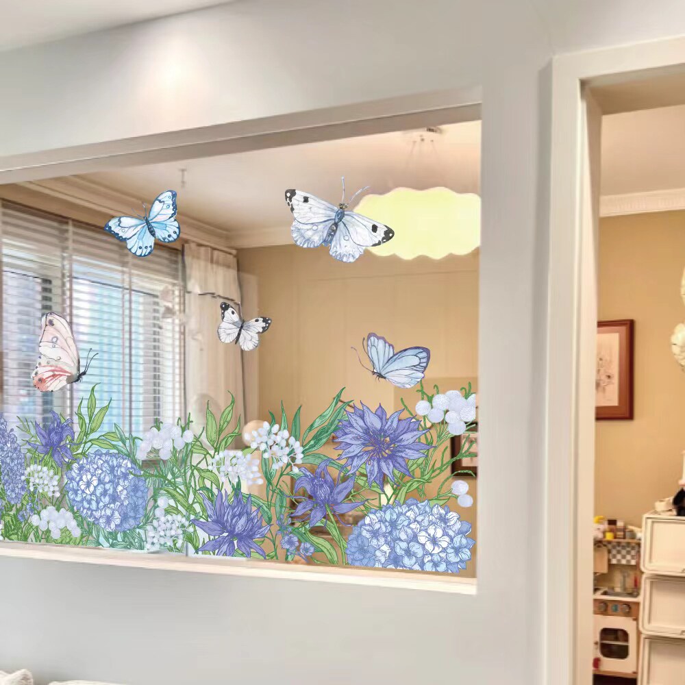 速发窗上蓝紫色绣饰花卉玻璃贴膜玻璃球贴纸落地窗装门窗贴静电贴