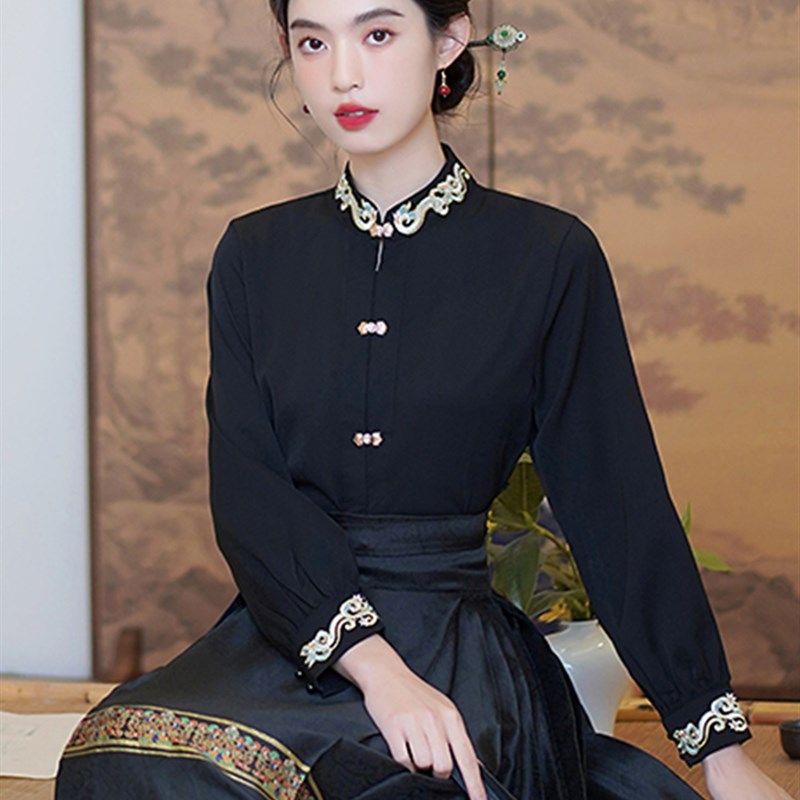 速发配马立裙的上衣国风长袖黑色对襟面领服风汉古新中式款