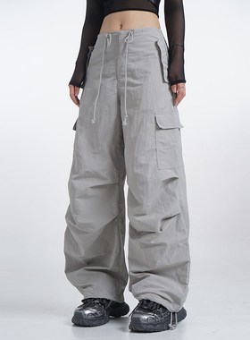 速发秋isa演干会工装裤子春l抽绳灰色速唱运动裤垂感阔腿休闲裤