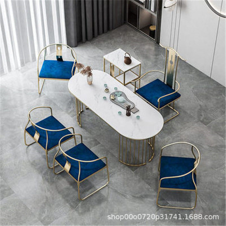 新中式大理石椭圆边喝茶桌椅组合公  司接待室客厅不规则铁艺会客