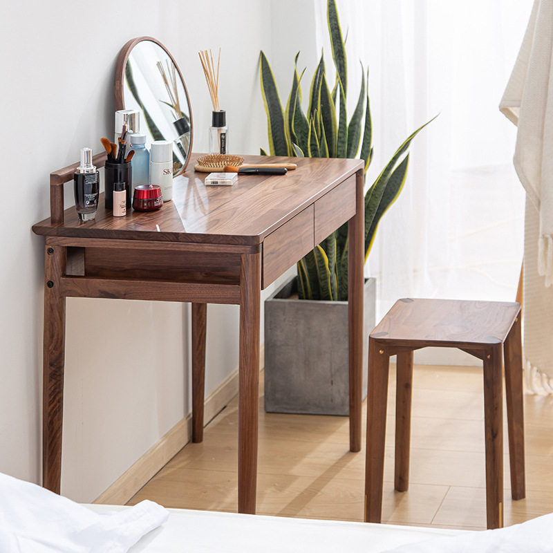 北欧轻奢型实木梳妆台简约日式黑胡桃木梳妆台小户型樱桃木化妆台