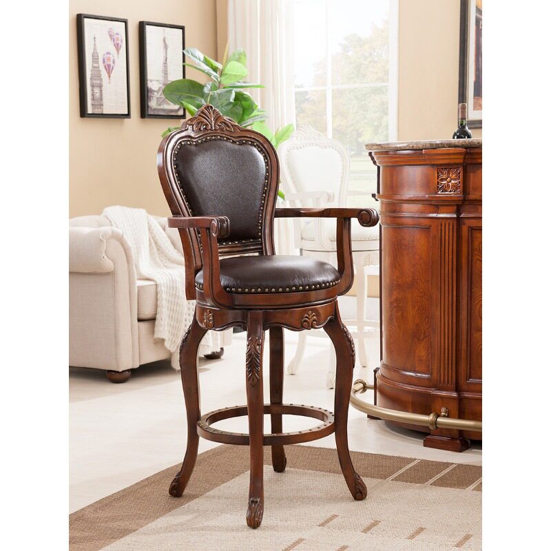 欧式吧台椅实木靠背家用高脚凳旋转高椅美式酒吧椅岛台吧凳吧台凳