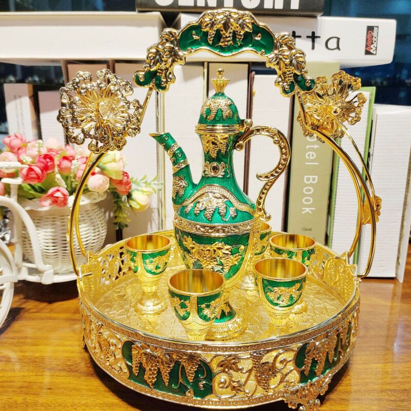 厂家提篮寒梅葡萄玫瑰花酒具套装酒店家用金色金属酒壶酒杯宴会用