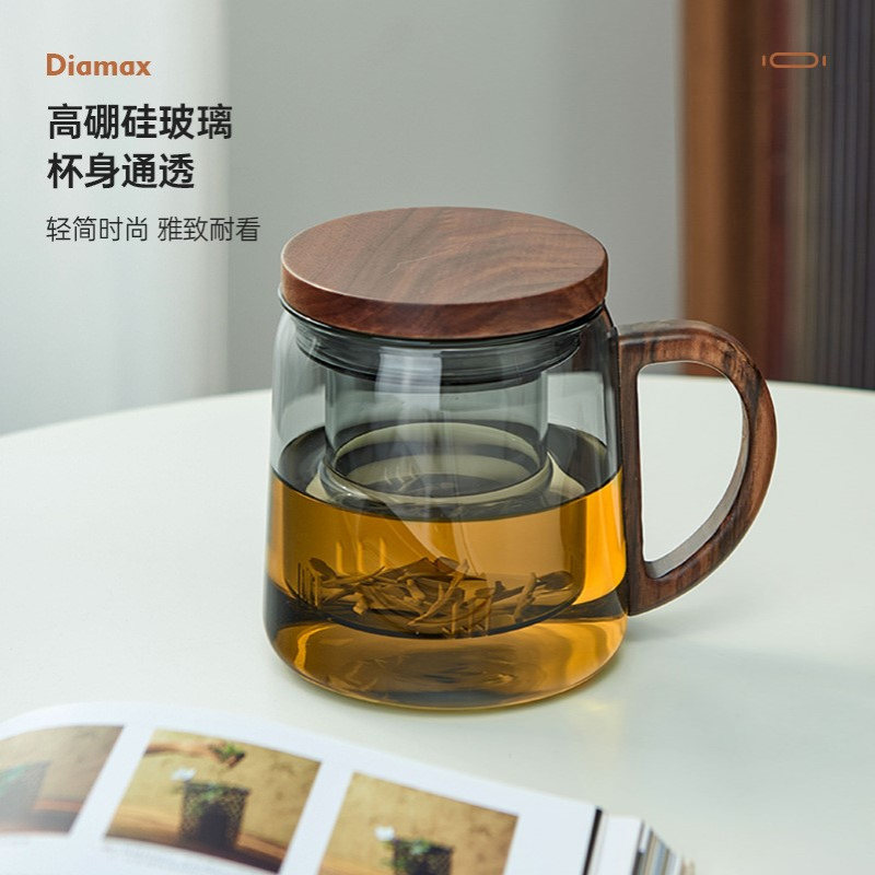耐高温茶水分离杯高硼硅过滤三件杯家用透明带盖耐热玻璃茶杯水杯