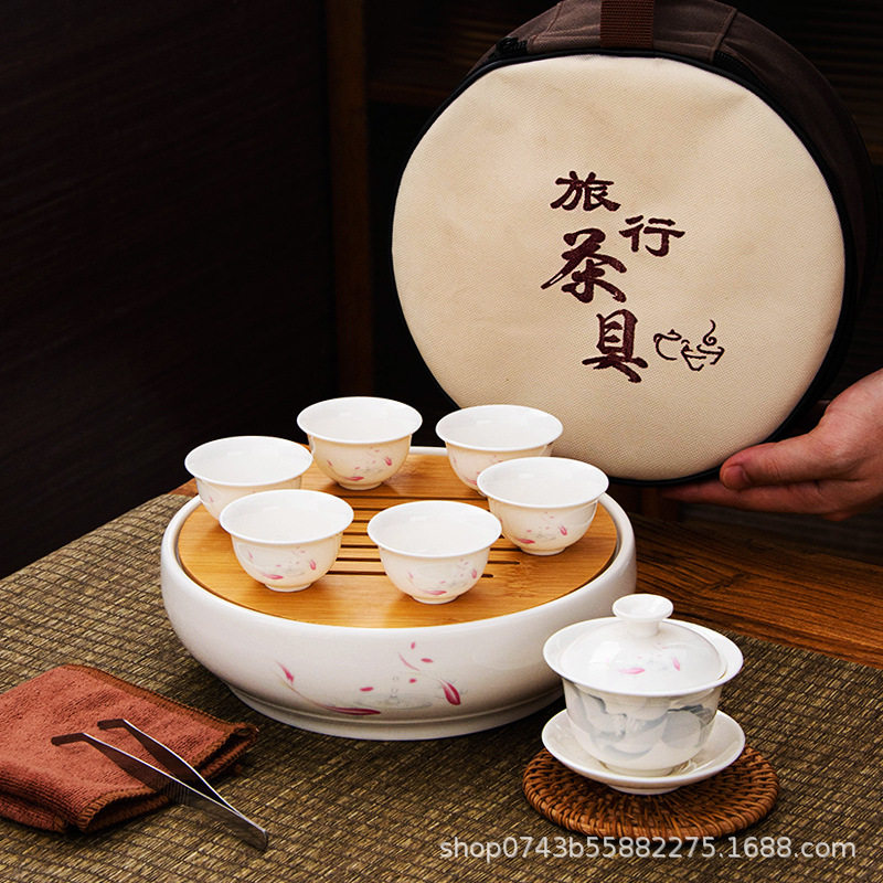 高档潮汕功夫旅行陶瓷茶盘干泡家用车载户外便携式包工夫茶具套装