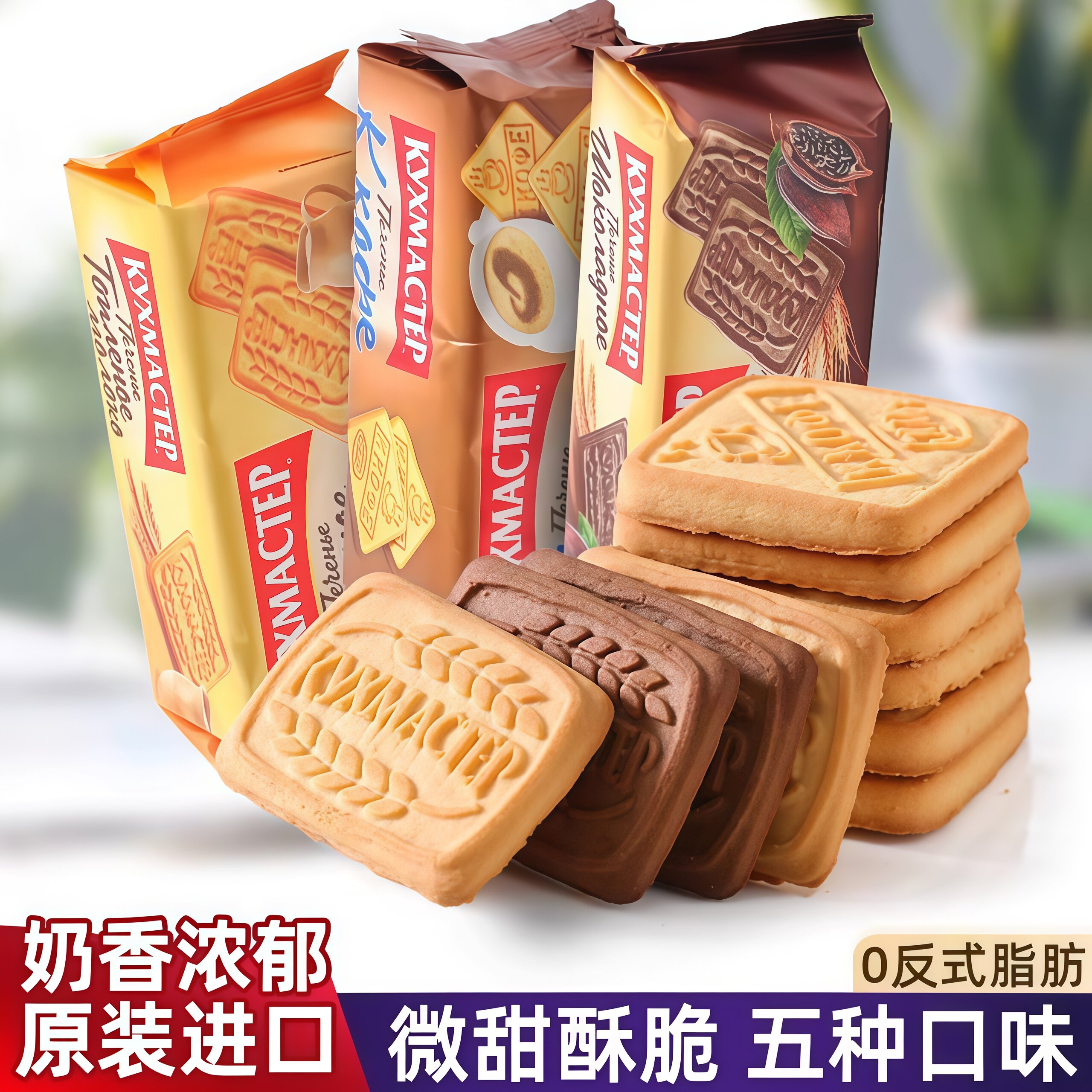 进口俄罗斯早餐饼干特浓牛奶巧克力味老式微甜薄脆酥零食食品