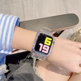 适用苹果手表s11表带s10一体冰川透明s9透气applewatch9/8/7夏天保护壳套iWatch6/5/se可爱女ultra腕带高级感