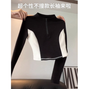 速发款2感小众半拉链短款长袖T恤计02新设辣妹紧身立领上衣