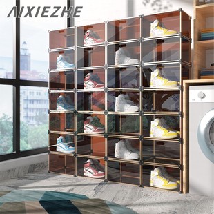 速发亚加力透明高端展示侧开磁吸茶色鞋盒收纳盒拼装可叠克鞋柜