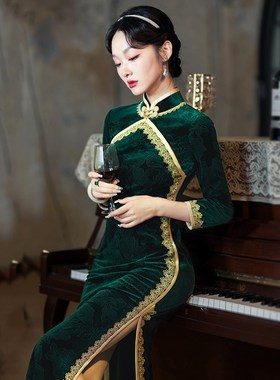 速发年2款复古民国风墨绿年绒大码旗袍轻025丝秋新款改良新中式老