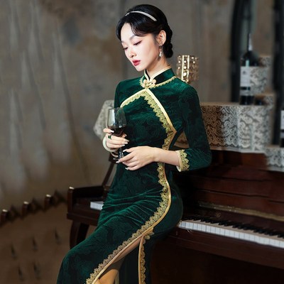 速发年2款复古民国风墨绿年绒大码旗袍轻025丝秋新款改良新中式老