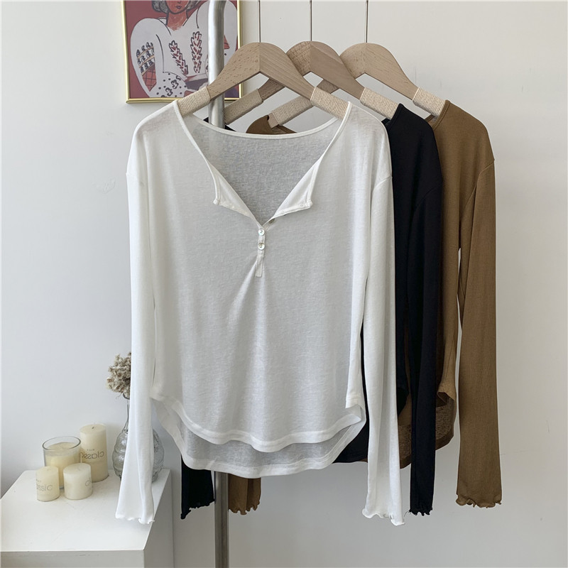 速发扣纽开衫打底衫宽松白上长袖T恤色衣内搭外穿防晒空调T恤衫