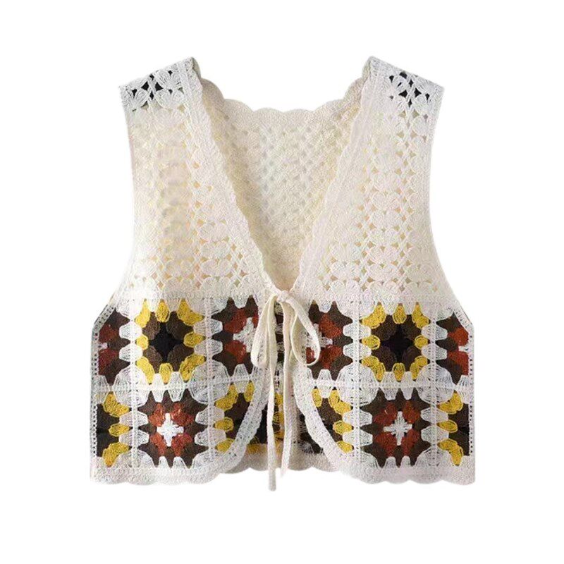 现货速发镂空针织开衫马甲勾花蕾丝公主风宽松无袖坎肩仿手钩短款