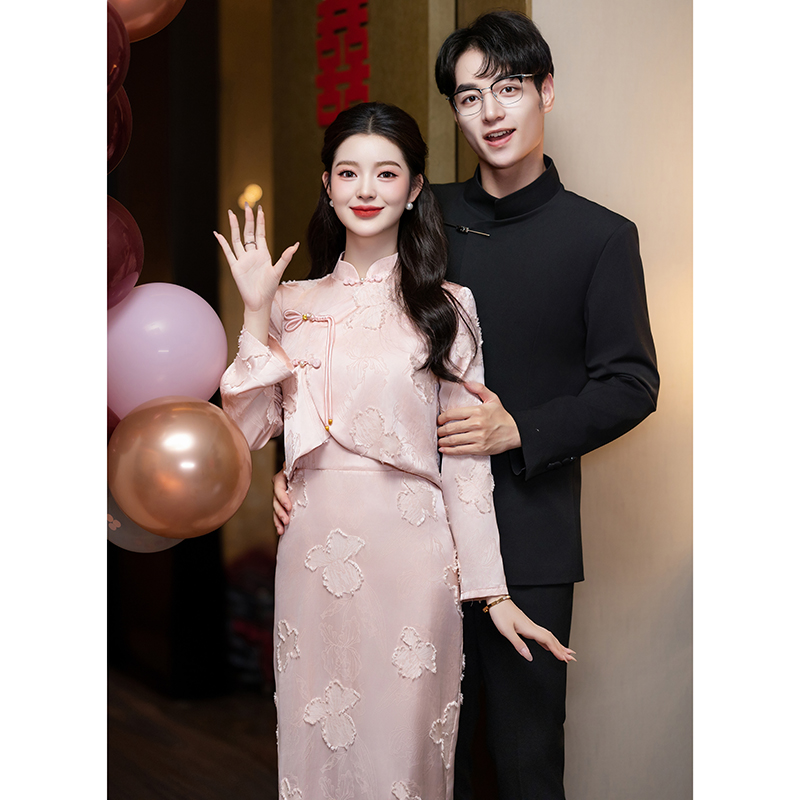 速发新中式粉色旗新娘装敬酒服袍套订婚礼服连衣裙秋冬季长袖结婚