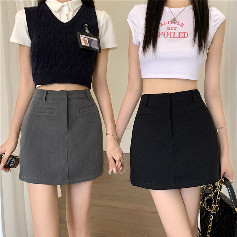 速发韩版休闲半身裙大码字胖灰色色勤百搭纯通a微短裙子夏