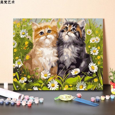 速发数字油画手工填充小雏色两只小猫咪减压画绘涂菊丙烯油彩手画
