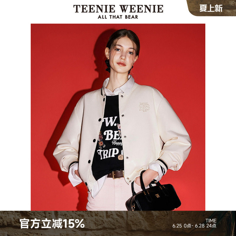 teenieweenie×南京云锦研究所小熊女装2025秋季时尚潮酷PU棒球服