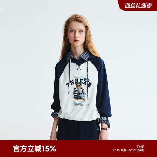 TeenieWeenie小熊女装卫衣2025秋季新款萌趣大熊拼色短款连帽外套
