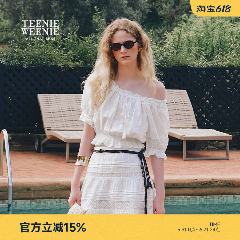TeenieWeenie小熊女装衬衫夏日精致设计感一字肩上衣露肩雪纺衫