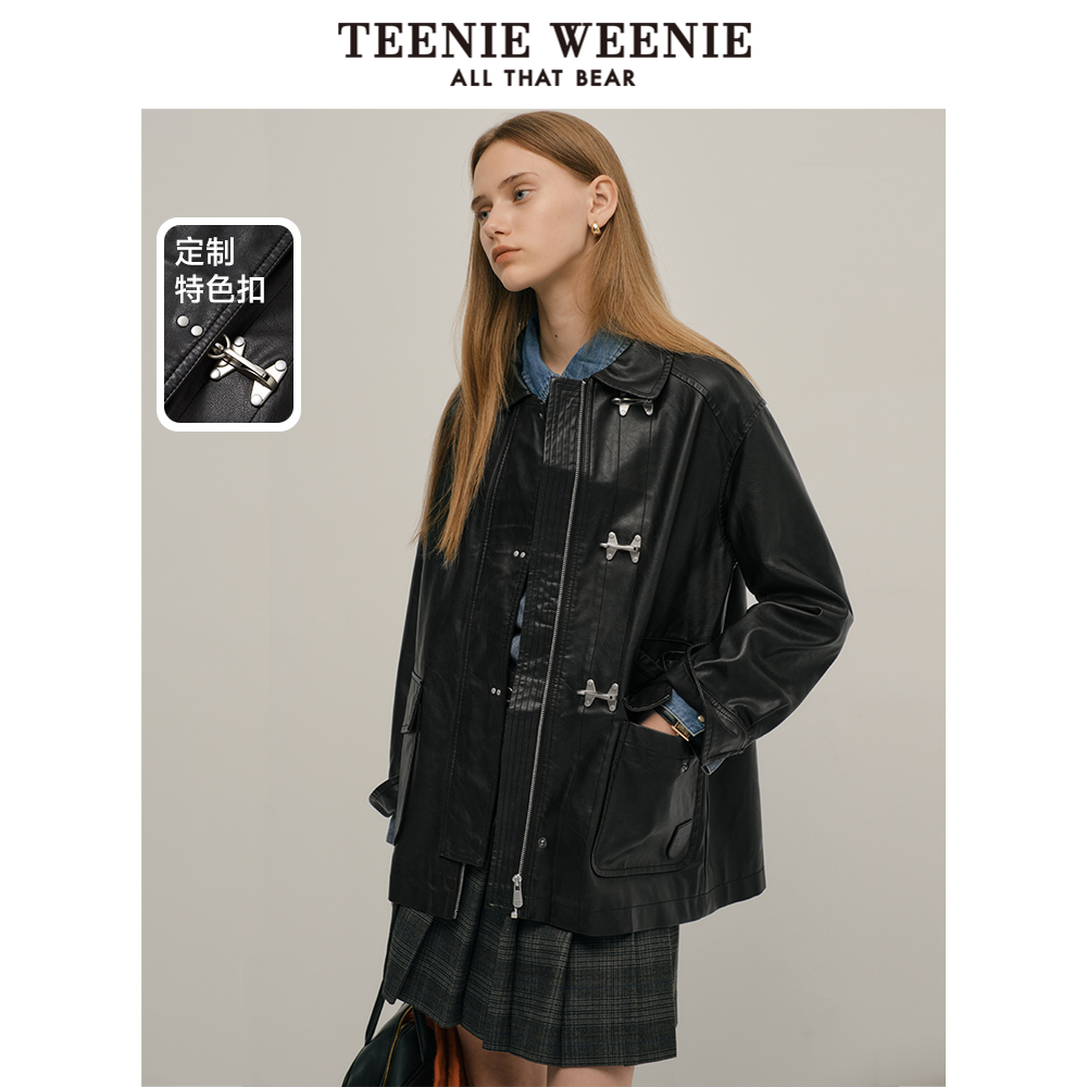 TeenieWeenie小熊女装秋季飞机扣翻领机车pu皮衣外套美式黑色夹克