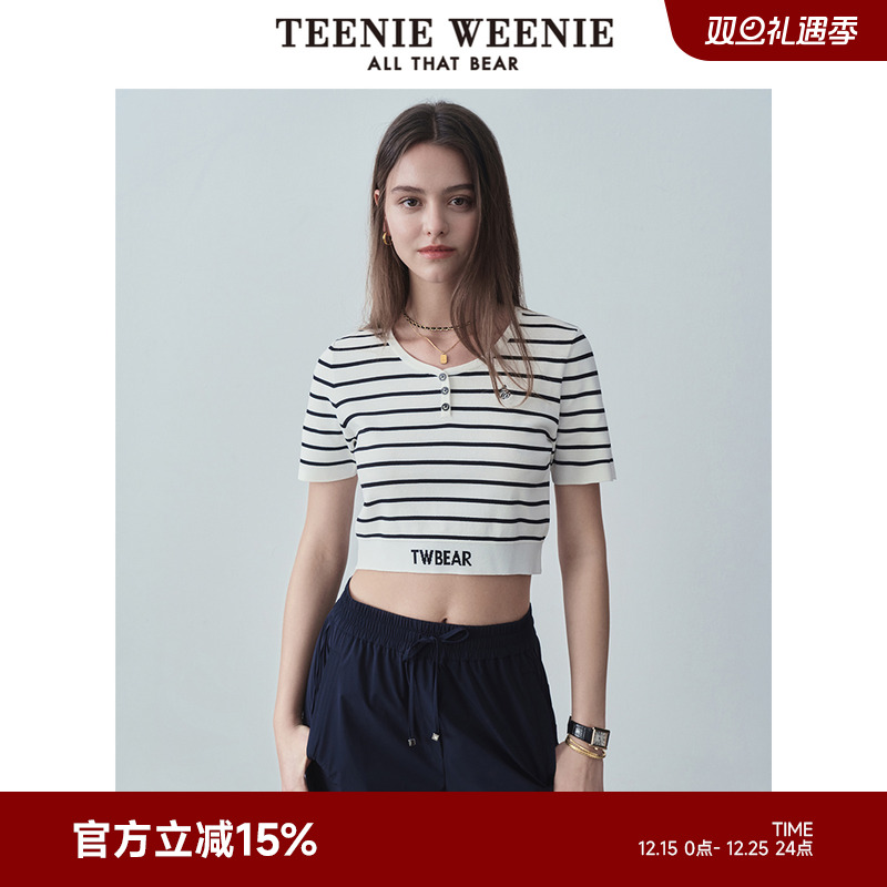 Teenie Weenie小熊女装简约简约夏季条纹针织短袖薄款T恤短款上衣