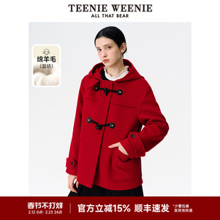 TeenieWeenie小熊女装红色连帽毛呢大衣冬季时尚氛围感基础款外套