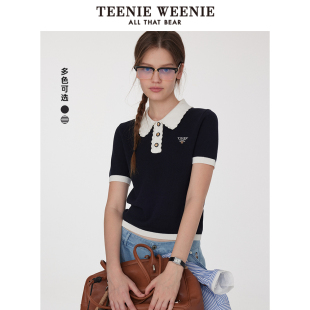 TeenieWeenie小熊针织T恤2025夏季 翻领毛衣 新款 简约老钱撞色短袖